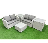 Fimous 4 Seater Outdoor Love Sofa Set Rattan Garden Furniture Set with Square Coffee Table 2 Side Tables Light Grey