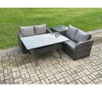 Fimous 4 Seater Rattan Outdoor Garden Furniture Set Rectangular Dining Table and Loveseat Sofa Set With Side Table Dark Grey Mixed