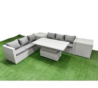 Fimous 5 PCs Rising Dining Table Set Rattan Furniture Set with 3 Seater Sofa 2 Side Tables Light Grey