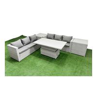 Fimous 5 PCs Rising Dining Table Set Rattan Furniture Set with 3 Seater Sofa 2 Side Tables Light Grey