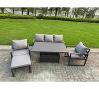 Fimous 5-Piece Aluminium Garden Furniture Sets Outdoor Sofa Set With Adjustable Rising Lifting Dining Table 2 Chairs Big Footstool