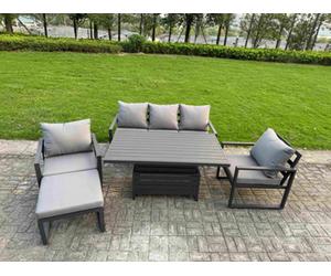 Fimous 5-Piece Aluminium Garden Furniture Sets Outdoor Sofa Set With Adjustable Rising Lifting Dining Table 2 Chairs Big Footstool