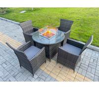 Fimous 5-Piece PE Rattan Garden Furniture with Medium Round Gas Firepit Table and 4 Chairs for Patio Dark Grey Mixed Dark Grey