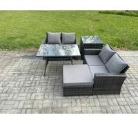Fimous 5-Piece Rattan Garden Furniture Set - Dark Grey Mixed Wicker Patio Sofa Conversation Set with Side Table & Big Footstool