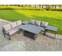 Fimous 5 Pieces Garden Furniture Set Aluminium Adjustable Rising Lifting Dining Table And Sofa Set With 2 Side Tables Dark Grey