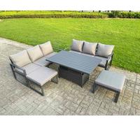 Fimous 5 Pieces Garden Furniture Set Aluminium Adjustable Rising Lifting Dining Table and Sofa Set with 2 Small Footstools Dark Grey