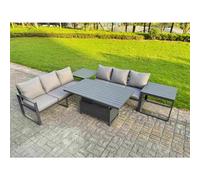 Fimous 6 Seater Aluminium Garden Furniture Set with Adjustable Rising Dining Table, 2 Sofas and 2 Side Tables - Dark Grey