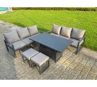 Fimous 5 Pieces Garden Furniture Set Aluminium Adjustable Rising Lifting Dining Table And Sofa Set With 2 Small Footstools
