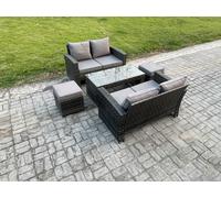 Fimous 5 Pieces Garden Furniture Sets Poly Rattan Outdoor Patio Furniture Set with 2 Small Footstool Loveseat & Table in Dark Grey Fimous Dark Grey