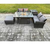 Fimous 5 Pieces Garden Furniture Sets Poly Rattan Outdoor Patio Gas Firepit Dining Table Sofa Set with Side Table Big Footstool