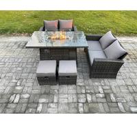 5 Pieces Garden Furniture Sets Poly Rattan Outdoor Patio Gas Firepit Dining Table Sofa Set with 2 Small Footstools Fimous Dark Grey One Size