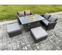 Fimous 5 Pieces Garden Furniture Sets Poly Rattan Outdoor Patio Gas Fire Pit Dining Table Sofa Set with 2 Big Footstool
