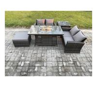 Fimous 5 Pieces Garden Furniture Sets Poly Rattan Outdoor Patio Gas Firepit Dining Table Sofa Set with Side Table Big Footstool