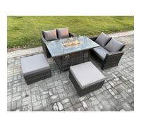Fimous 5 Pieces Garden Furniture Sets Poly Rattan Outdoor Patio Gas Firepit Dining Table Sofa Set with 2 Big Footstool