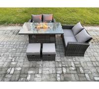 Fimous 5 Pieces Garden Furniture Sets Poly Rattan Outdoor Patio Gas Firepit Dining Table Sofa Set with 2 Small Footstools in Dark Grey Fimous Dark Grey