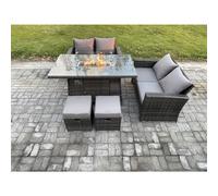 Fimous 5 Pieces Garden Furniture Sets Poly Rattan Outdoor Patio Gas Firepit Dining Table Sofa Set with 2 Small Footstools in Dark Grey Fimous Dark Grey