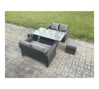 Fimous 5 Pieces Garden Furniture Sets Rattan Outdoor Patio Height Adjustable Rising Lifting Table Sofa Dining Set With Footstools