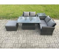 Fimous 5 Pieces Garden Furniture Sets Rattan Outdoor Patio Height Adjustable Rising Lifting Table Sofa Dining Set With Side Table