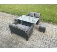 Fimous 5 Pieces Garden Furniture Sets Rattan Outdoor Patio Height Adjustable Rising Lifting Table Sofa Dining Set With Footstools