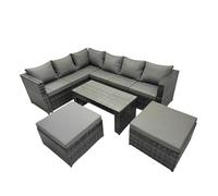 Fimous 5 Pieces Outdoor PE Rattan Garden Furniture Corner Sofa Oblong Coffee Table Set with Cushions 2 Big Footstools Dark Grey Mixed