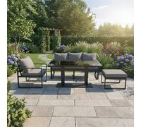 Fimous 5 Seater Aluminium Garden Furniture Set with Adjustable Dining Table, 3 Seater Sofa, 1 Chair & Large Footstool - Dark Grey
