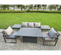 Fimous 6-Piece Aluminium Garden Furniture Sets 5 Seater Outdoor Sofa Set with Adjustable Rising Lifting Dining Table 2 Chairs 2 Side Tables