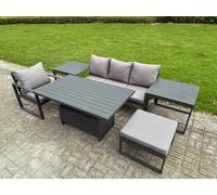 Fimous 5 Seater Aluminium Garden Furniture Set with Adjustable Rising Dining Table, 2 Side Tables, Footstool - Dark Grey