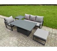 Fimous 5 Seater Aluminium Garden Furniture Set with Adjustable Rising Dining Table, Side Table & Footstool - Dark Grey