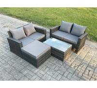 Fimous 5-Seater Dark Grey Rattan Outdoor Sofa Set | Rectangular Coffee Table, Double Sofa, Large Footstool
