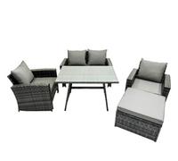 Fimous 5 Seater Outdoor Dark Grey Mixed High Back Rattan Sofa Dining Table Set Garden Furniture Big Footstool