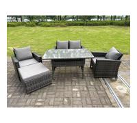 Fimous 5 Seater Outdoor Dark Grey Mixed High Back Rattan Sofa Dining Table Set Love Seat Garden Furniture Big Footstool