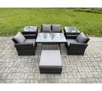 Fimous 5 Seater Outdoor Garden Furniture High Back Rattan Sofa Dining Table Set with 2 SideTables Big Footstool Dark Grey Mixed