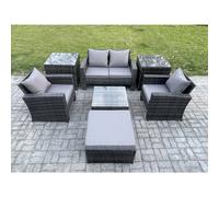 Fimous 5 Seater Outdoor Garden Furniture High Back Rattan Sofa Set With Square Coffee Table Big Footstool Dark Grey Mixed