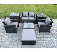 Fimous 5 Seater Outdoor Garden Furniture High Back Rattan Sofa Set With Square Coffee Table Big Footstool Dark Grey Mixed