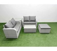 Fimous 5 Seater Outdoor Love Sofa Set Rattan Garden Furniture Set Rectangular Coffee Table Big Footstool Side Table Light Grey
