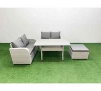 Fimous 5 Seater Outdoor Love Sofa Set Rattan Garden Furniture Set Rectangular Dining Table Big Footstool Light Grey