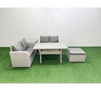 Fimous 5 Seater Outdoor Love Sofa Set Rattan Garden Furniture Set Rectangular Dining Table Big Footstool Side Table Light Grey