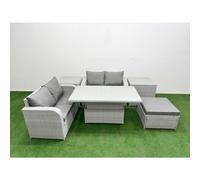 Fimous 5-Seater Light Grey Outdoor Rattan Sofa Set | Adjustable Dining/Coffee Table, Large Footstool, 2 Side Tables