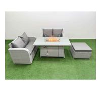 Fimous 5 Seater Outdoor Love Sofa Set Rattan Garden Furniture Set with Fire Pit Dining Table Big Footstool Light Grey