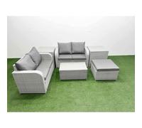 Fimous 5 Seater Outdoor Love Sofa Set Rattan Garden Furniture Set with Rectangular Coffee Table Big Footstool 2 Side Tables Light Grey