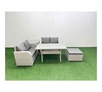Fimous 5 Seater Outdoor Love Sofa Set Rattan Garden Furniture Set Rectangular Dining Table Big Footstool Side Table Light Grey