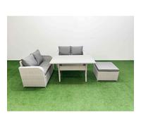 Fimous 5 Seater Outdoor Love Sofa Set Rattan Garden Furniture Set Rectangular Dining Table Big Footstool Light Grey