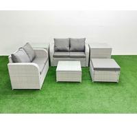 Fimous 5 Seater Outdoor Love Sofa Set Rattan Garden Furniture Set with Square Coffee Table Big Footstool 2 Side Tables Light Grey Fimous Light Grey