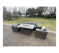 Fimous 5 Seater Outdoor PE Rattan Garden Furniture Gas Fire Pit Dining Table Lounge Sofa 2 PC Armchairs Dark Grey Mixed Patio Dark Grey