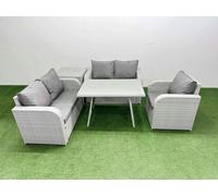 Fimous 5 Seater Outdoor Rattan Garden Furniture Set Love Sofa Reclining Chair Set with Rectangular Dining Table Side Table Light Grey