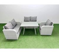 Fimous 5 Seater Outdoor Rattan Garden Furniture Set Love Sofa Reclining Chair Set with Rectangular Dining Table Light Grey