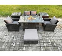 5 Seater Outdoor Rattan Sofa Set Garden Furniture Gas Firepit Dining Table Heater with 2 Side Tables Fimous Dark Grey One Size