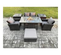 Fimous 5 Seater?Outdoor Rattan Sofa Set Garden Furniture Gas Fire Pit Dining Table Heater with 2 Side Tables Big Footstool Dark Grey Mixed