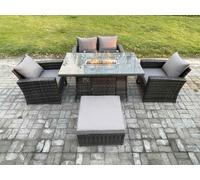 Fimous 5 Seater?Outdoor Rattan Sofa Set Garden Furniture Gas Firepit Dining Table Heater with Big Footstool Dark Grey Mixed