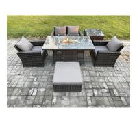 Fimous 5 Seater?Outdoor Rattan Sofa Set Garden Furniture Gas Fire Pit Dining Table Heater with Big Footstool Side Table Dark Grey Mixed